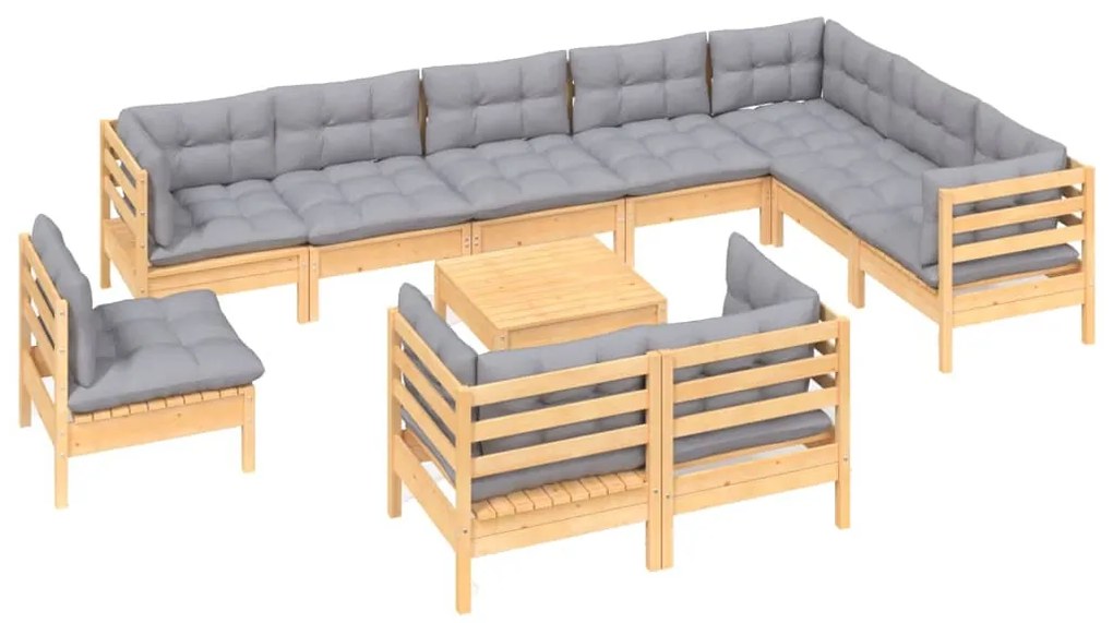 11pcs conjunto lounge de jardim + almofadões cinza pinho maciço