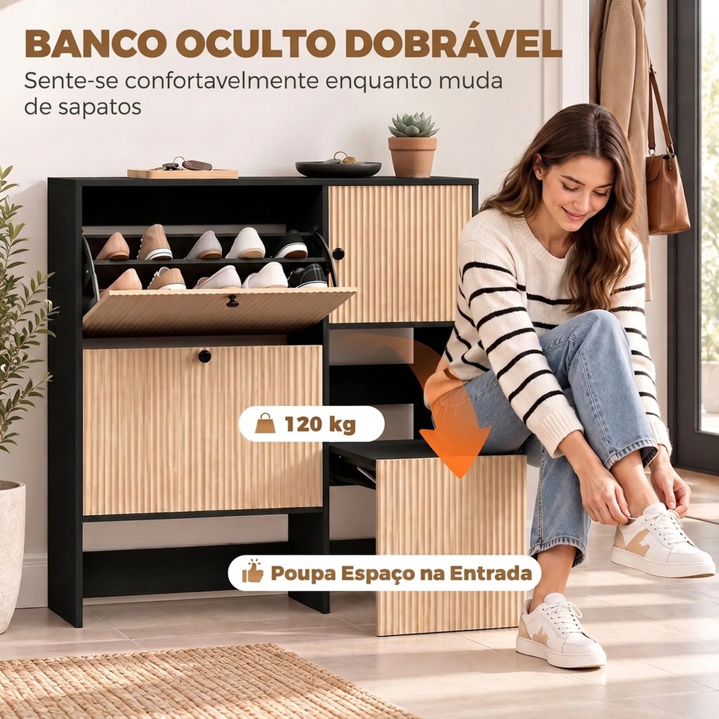 Sapateira Estreita com 2 Gavetas Basculantes Armário Banco Oculto e Prateleiras Ajustáveis 8-10 Pares 100x23,8x100 cm cor Carvalho