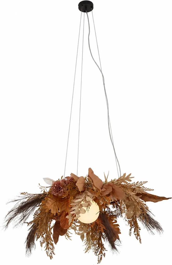 Pendente Japandi Preto com Flores Bege e Vidro Branco - Flower Power