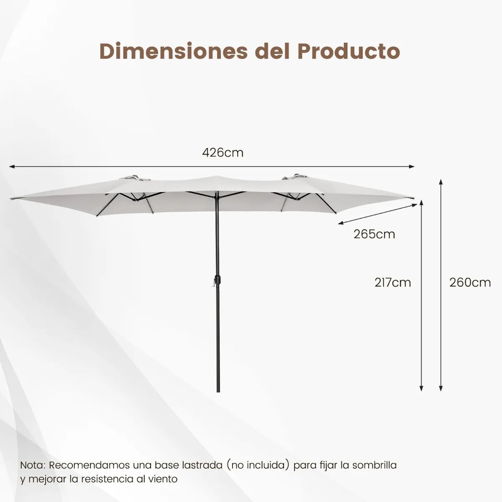 Guarda-sol Duplo 4,26 x 2,6 m com Pega Topo Ventilado Grande 10 hastes para Piscina Terraço Jardim Bege