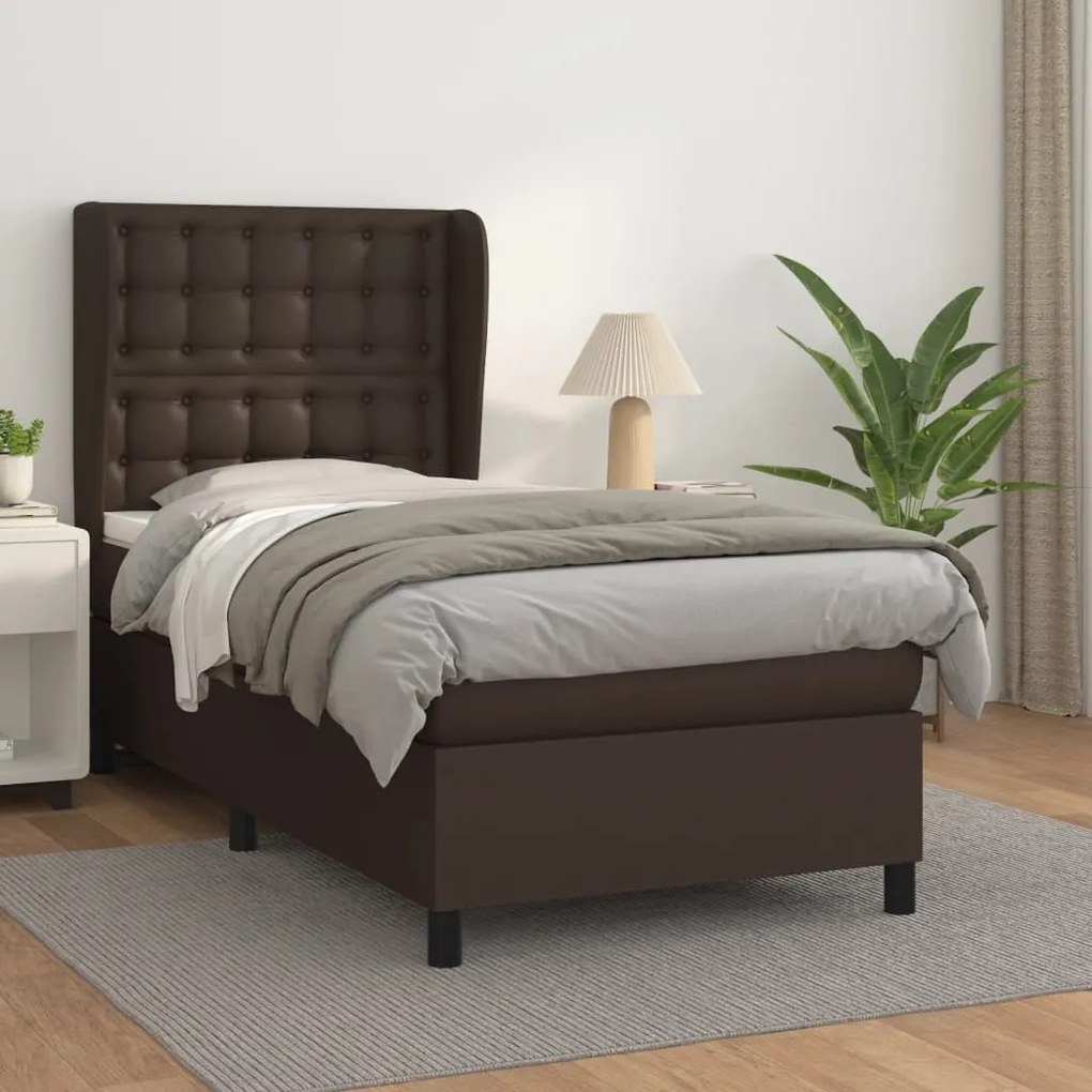 vidaXL Cama com molas/colchão 90x200 cm couro artificial castanho