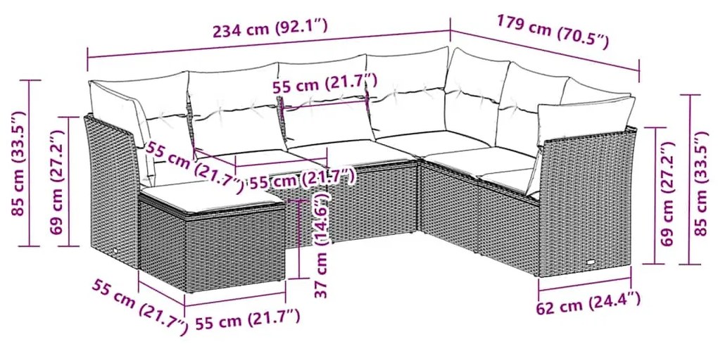 7 pcs conjunto de sofás p/ jardim c/ almofadões vime PE preto