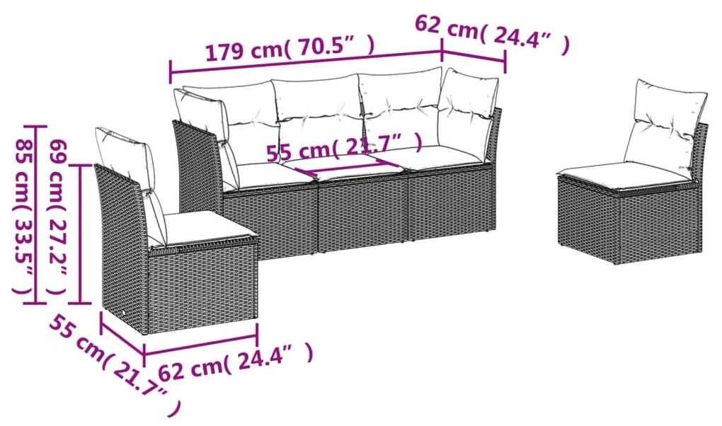 5 pcs conj. sofás jardim c/ almofadões vime PE cinzento-claro