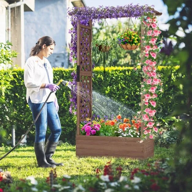 Floreira jardim elevada de madeira com treliça em arco Furo de drenagem 110 x 44 x 182 cm Castanho