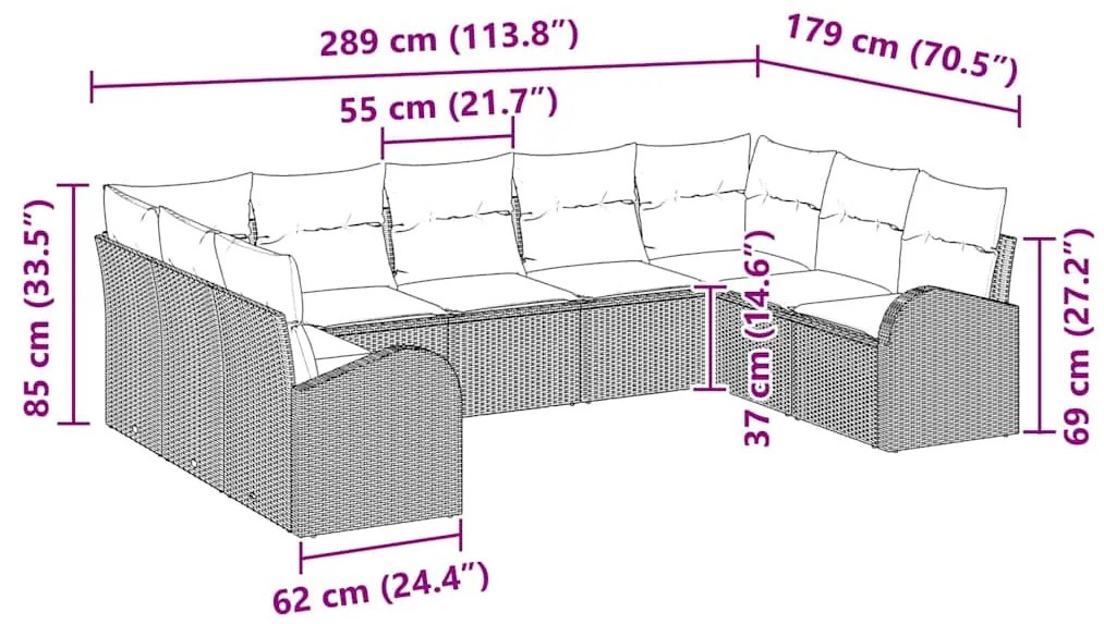 Conjunto de Sofá para Jardim com 9 Peças e Almofadas Pretas em Rattan