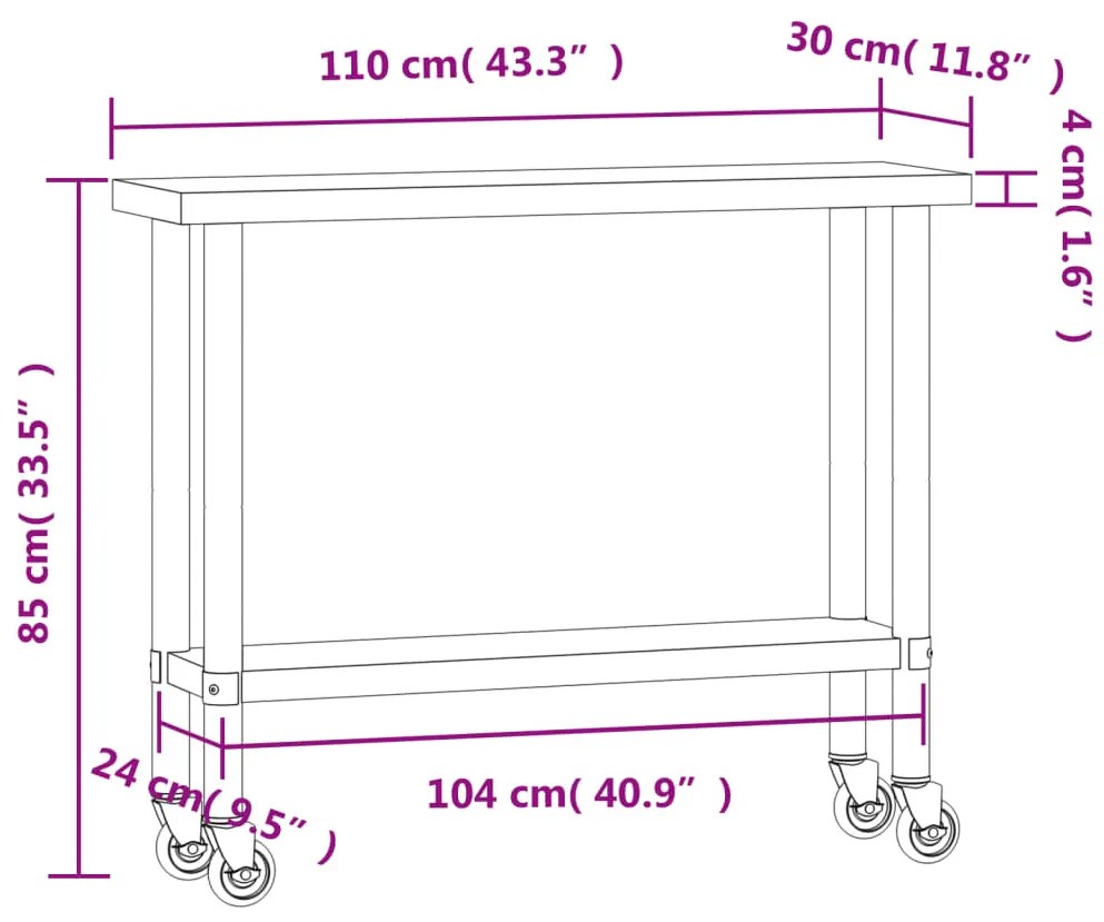 Mesa de trabalho de cozinha c/ rodas 110x30x85 cm aço inox.