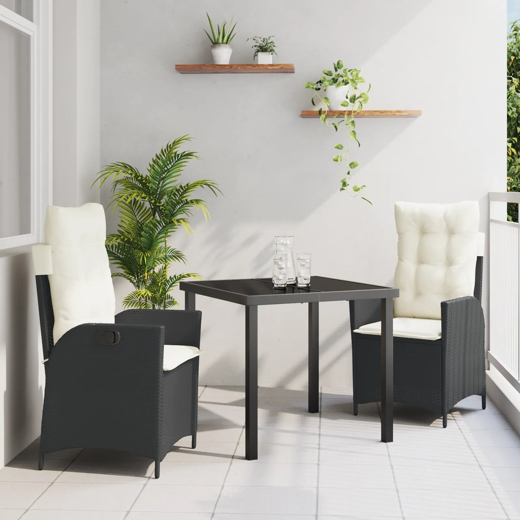 vidaXL Conjunto de Jantar de Jardim de 3 Peças com Almofadas Rattan PE Preto