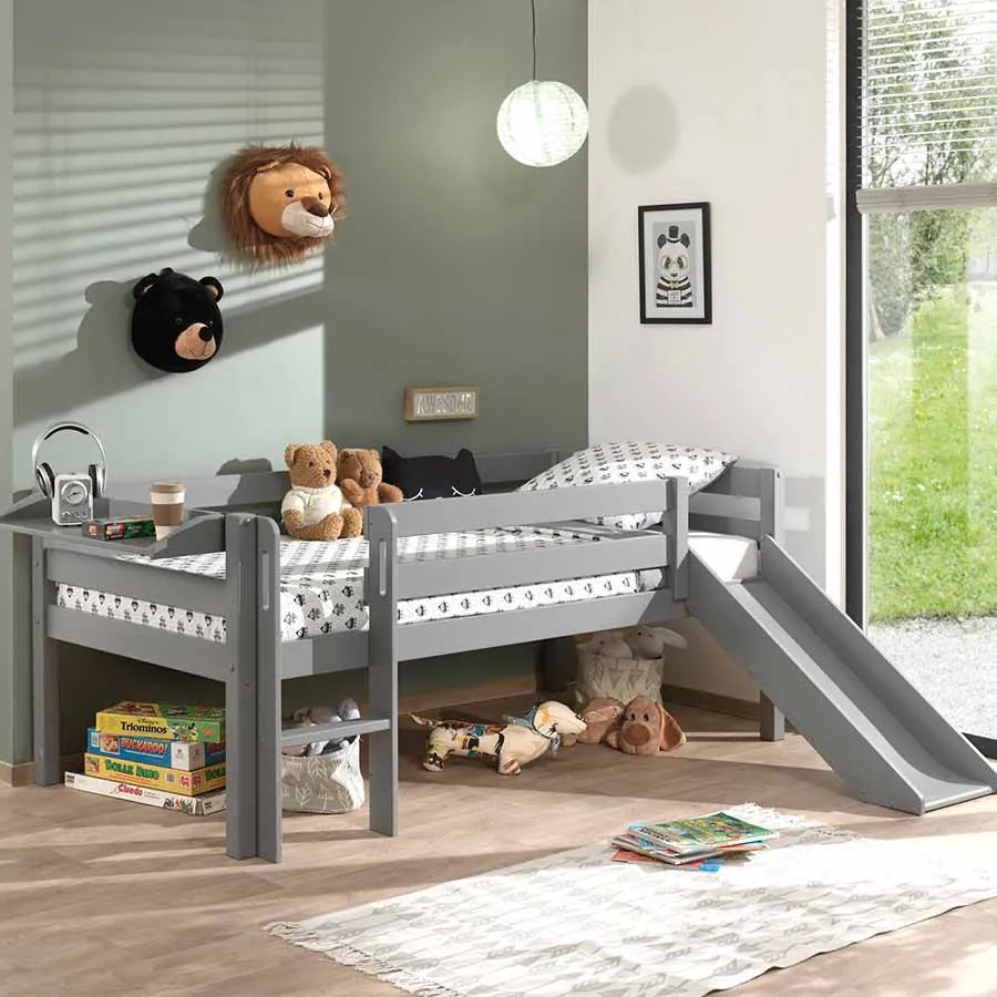 Conjunto Cama alta de Criança PINO 90 x 200 cm + estrado + escada + escorrega + prateleira suspensa Cinzenta