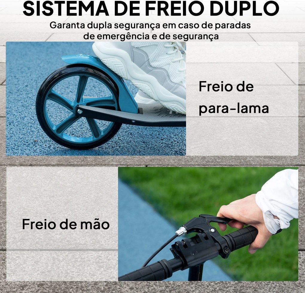 Trotinete Dobrável com Guiador Ajustável Rodas Grandes de 200 mm Amortecimento e Travão Carga Máxima de 100 kg 91,5 x 36,5 x 91-104 cm Azul