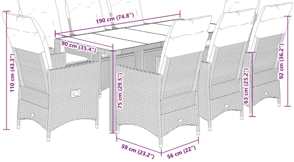 9 pcs conjunto de jantar p/ jardim c/ almofadões vime PE cinza