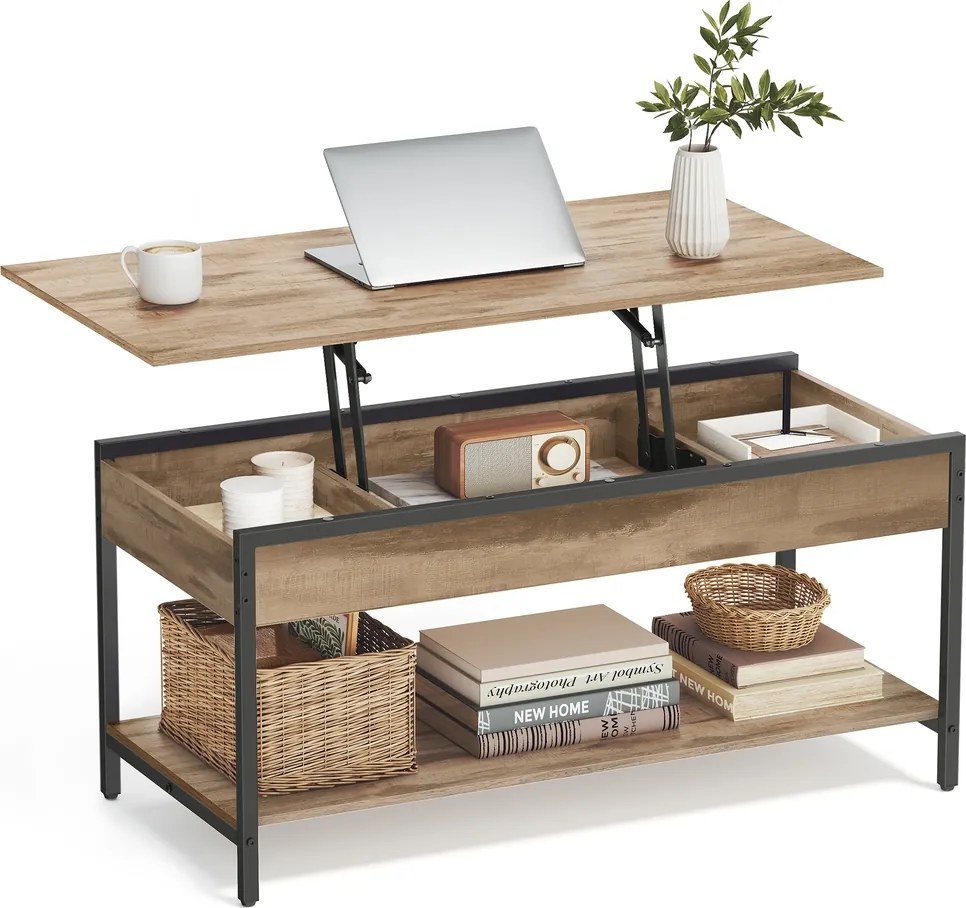 Mesa de centro com altura ajustável, 50 × 100 cm, com compartimento, castanho-camelo e Preto