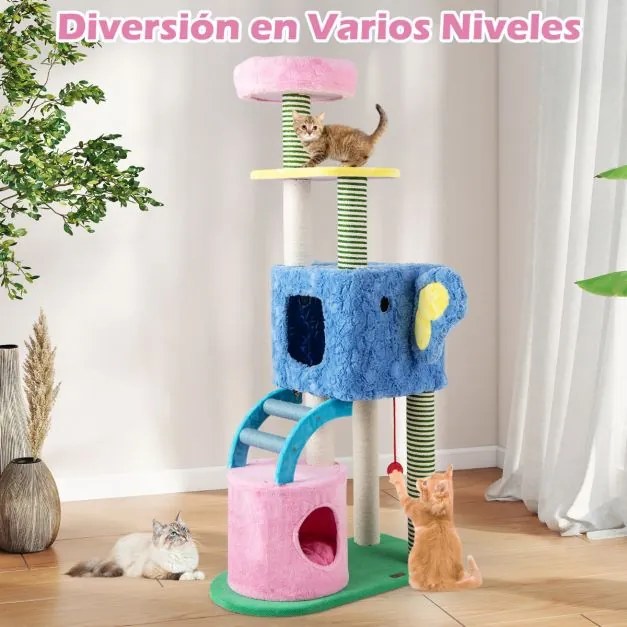 Arranhador para gatos 75 x 40 x 154 cm com tema de elefante com cama acolchoada, postes de sisal, 2 condomínios para interior azul
