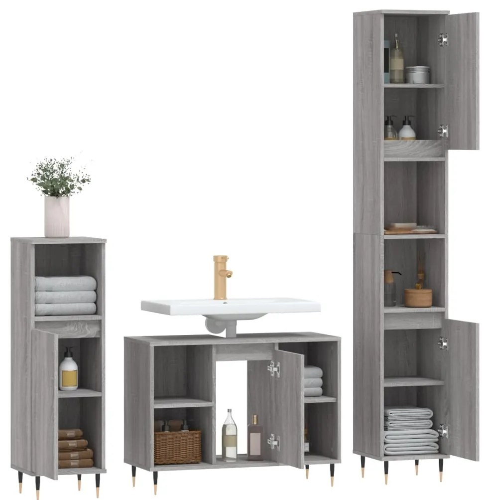 3 pcs Conjunto móveis casa de banho madeira proc. cinza sonoma