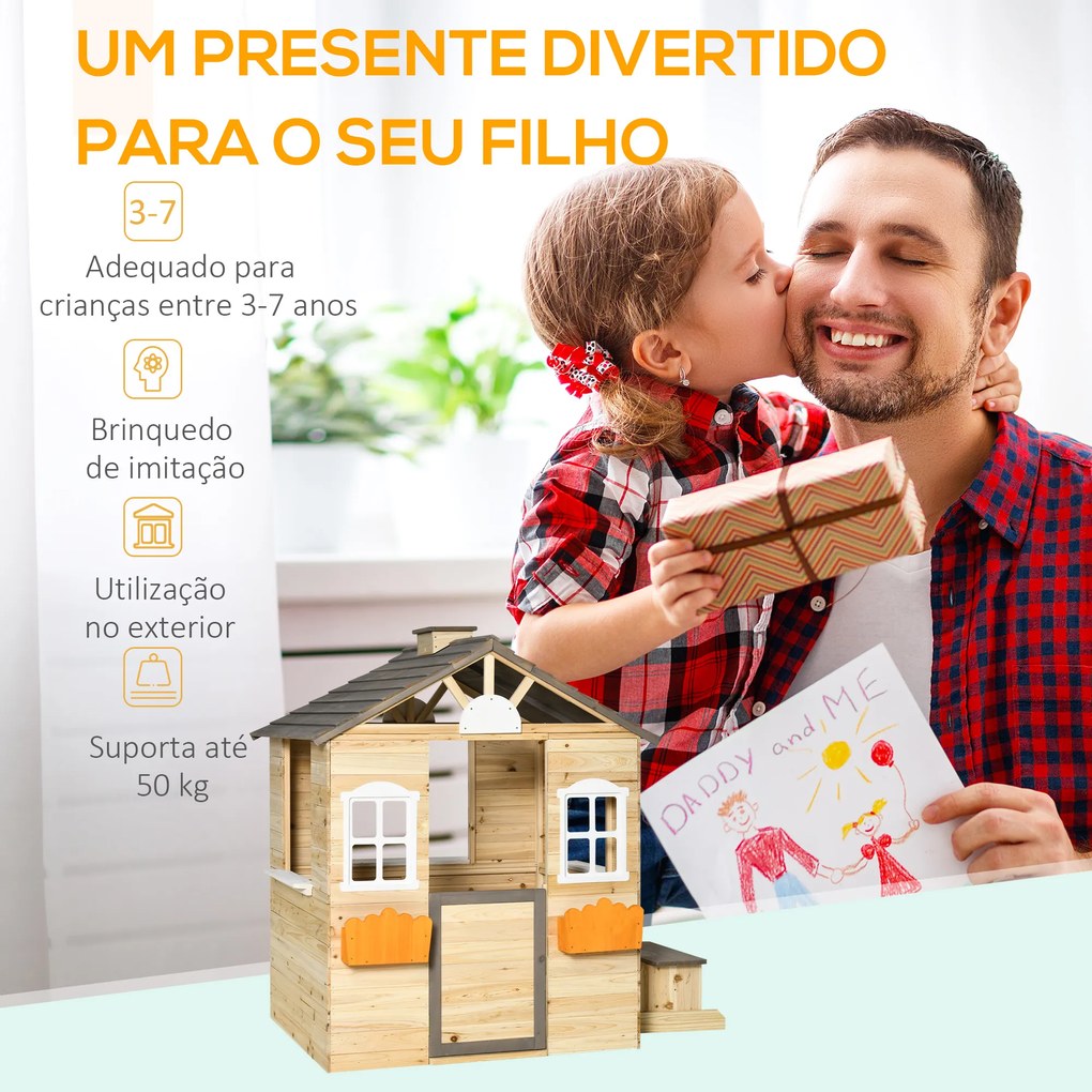 Casa de Jardim de Madeira para Crianças de 3-7 Anos com Janelas 2 Floreiras e 1 Banco 113x94x134,5 cm Madeira