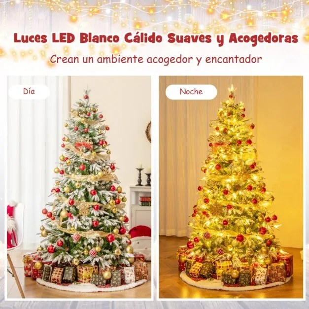 Árvore de Natal Artificial de 190 cm com 280 Luzes LED Neve Simulada 765 Ramos Articulados com 62 Pinhas Verde