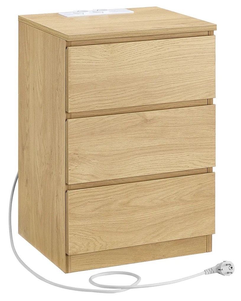 Mesa de cabeçeira moderna com 2 tomadas eletricas e 2 portas USB com 3 gavetas 35 x 40 x 59 cm Natural