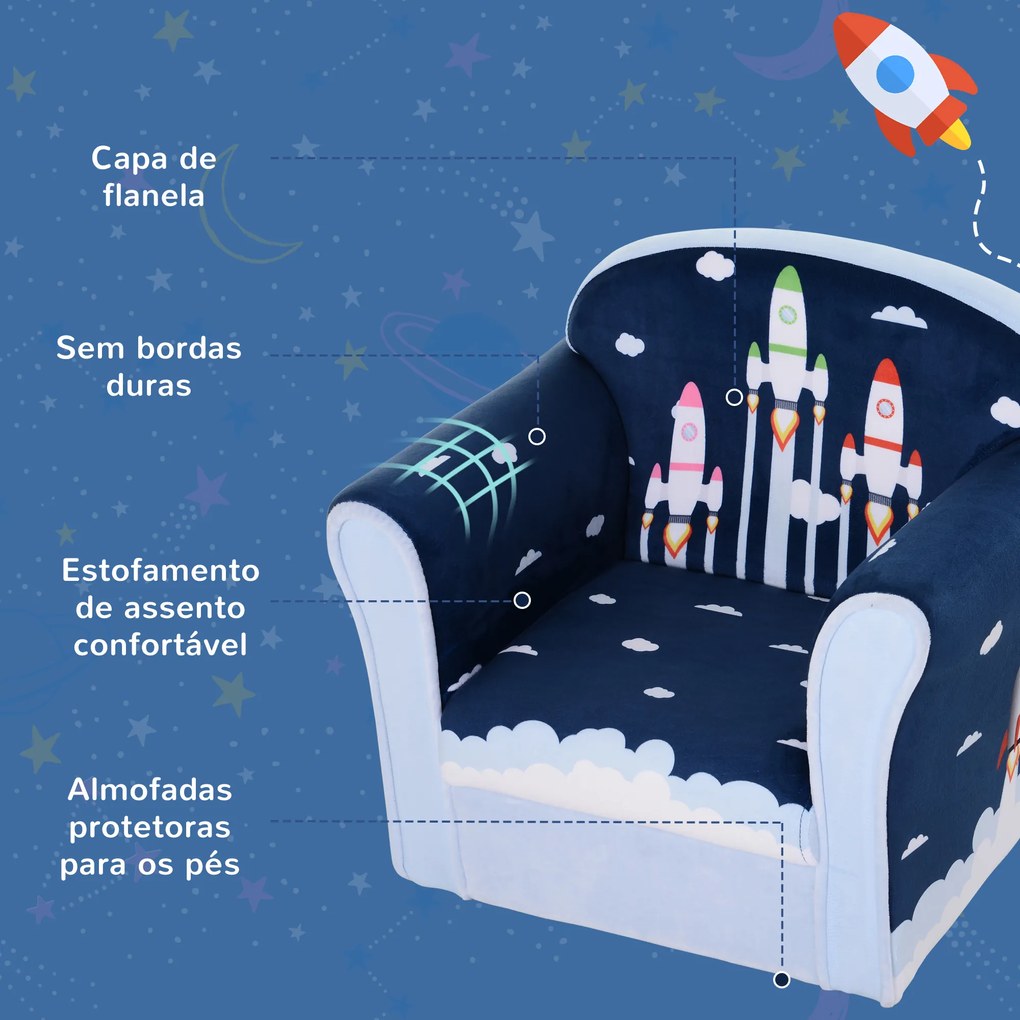 HOMCOM Poltrona para Crianças acima de 3 Anos com Desenhos de Foguete Estrutura de Madeira e Estofado em Flanela 50x39x44 cm Azul