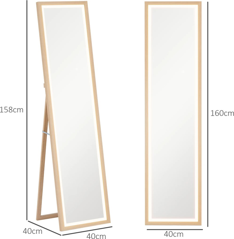 Espelho de Pé com Luz LED 40x160 cm Espelho de Corpo Inteiro com Iluminação de 3 Cores Tátil Função de Memória Madeira