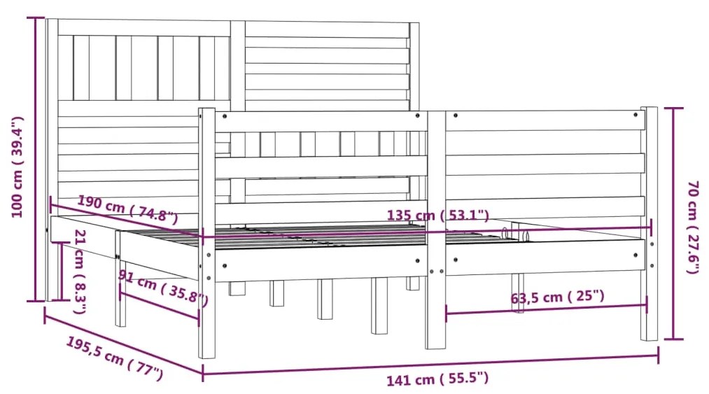 Estrutura de cama casal 135x190 cm madeira maciça cinzento