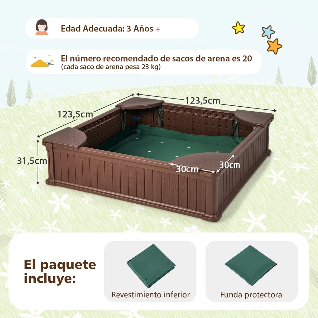 Caixa de areia infantil ao ar livre em HDPE 123,5 x 123,5 x 31,5 cm com tampa Oxford 4 assentos de canto Castanho