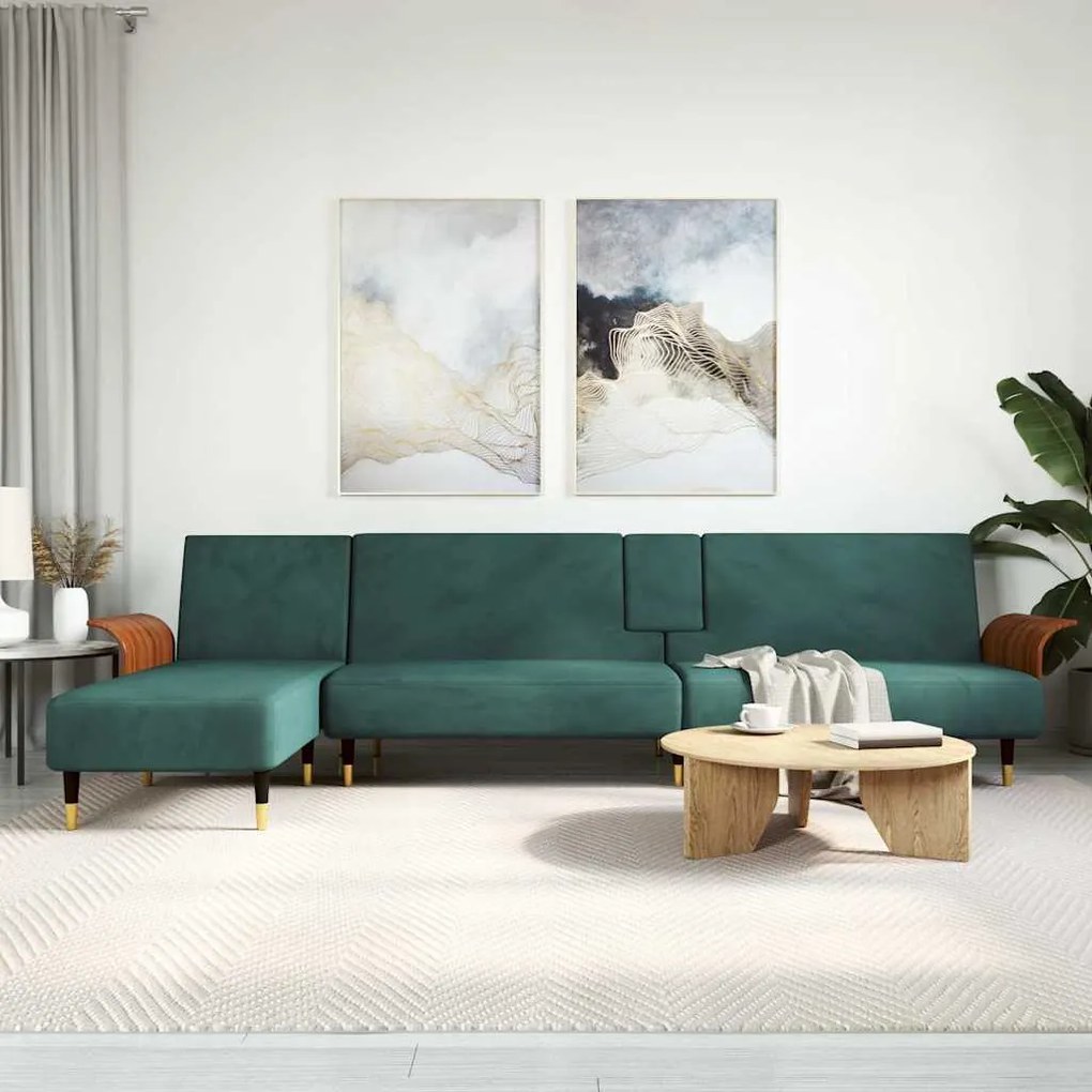 vidaXL Sofá-cama em forma de L 279x140x70 cm veludo verde-escuro