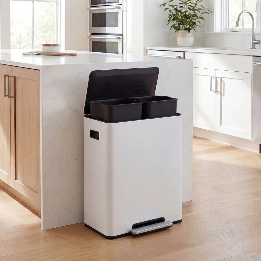 Cubo do lixo de 60 L para cozinha 54 x 34 x 67 cm com 2 compartimentos, tampa com pedal e alças laterais branco