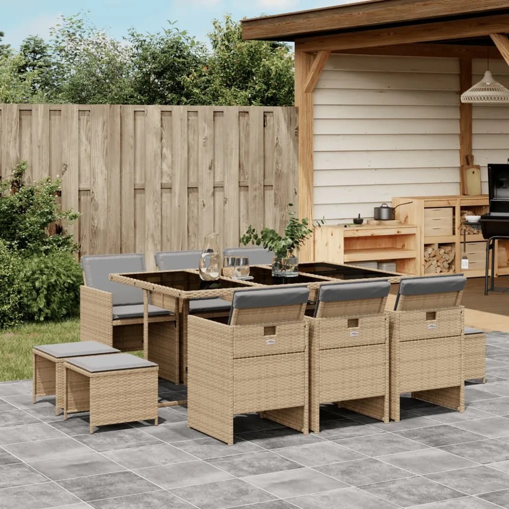 vidaXL 11 pcs conj. jantar jardim c/ almofadões vime PE bege misturado