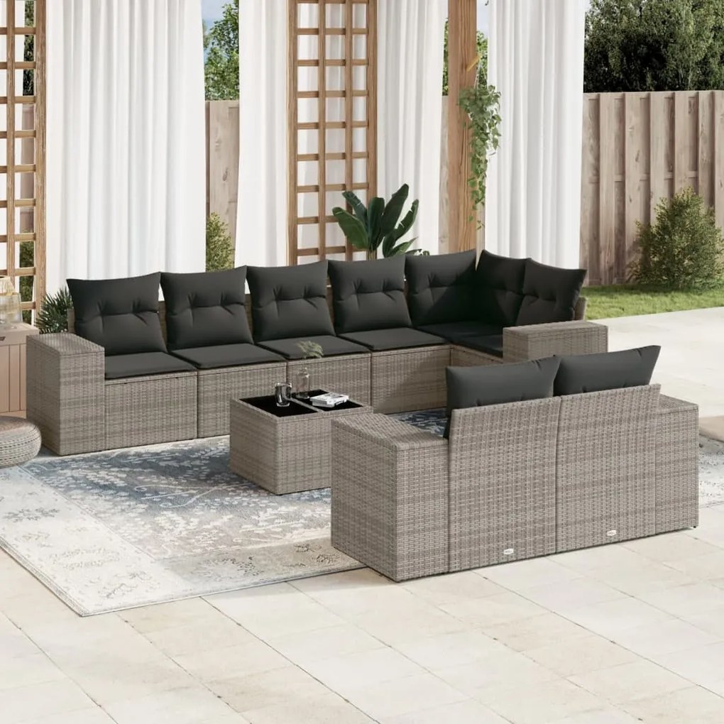 9 pcs conjunto sofás p/ jardim com almofadões vime PE cinzento