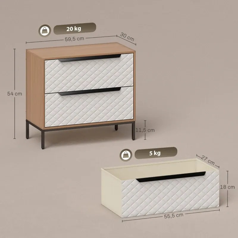 Cómoda com 2 Gavetas de Tecido Frentes com Padrão de Diamante 59,5x30x54 cm Móvel de Arrumação Madeira e Branco