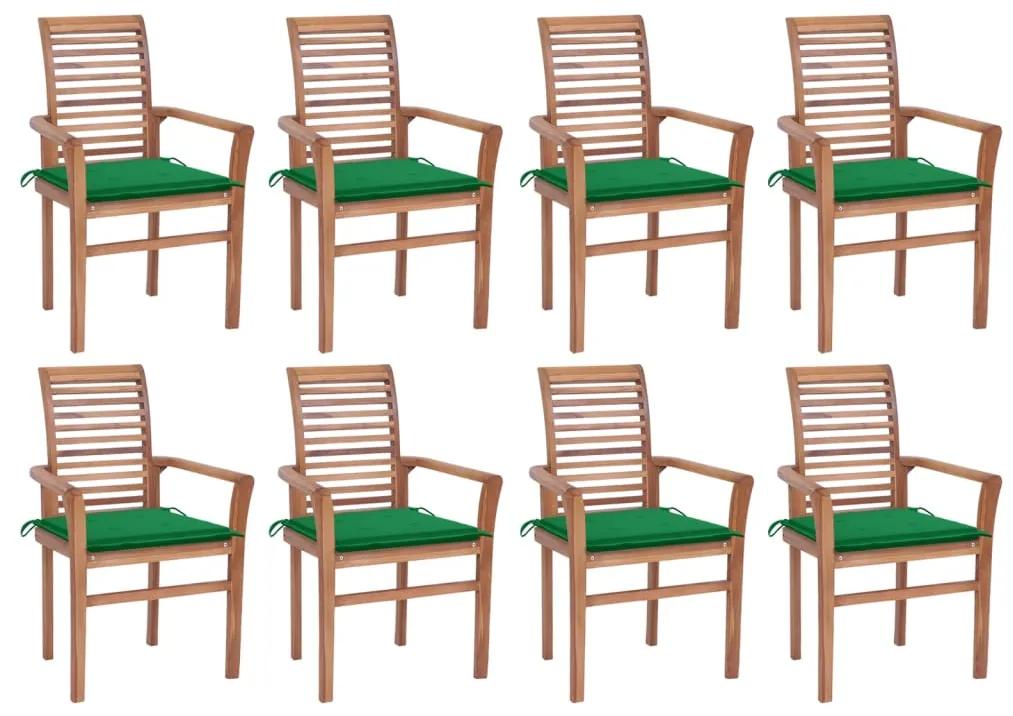 Cadeiras de jantar 8 pcs c/ almofadões verdes teca maciça