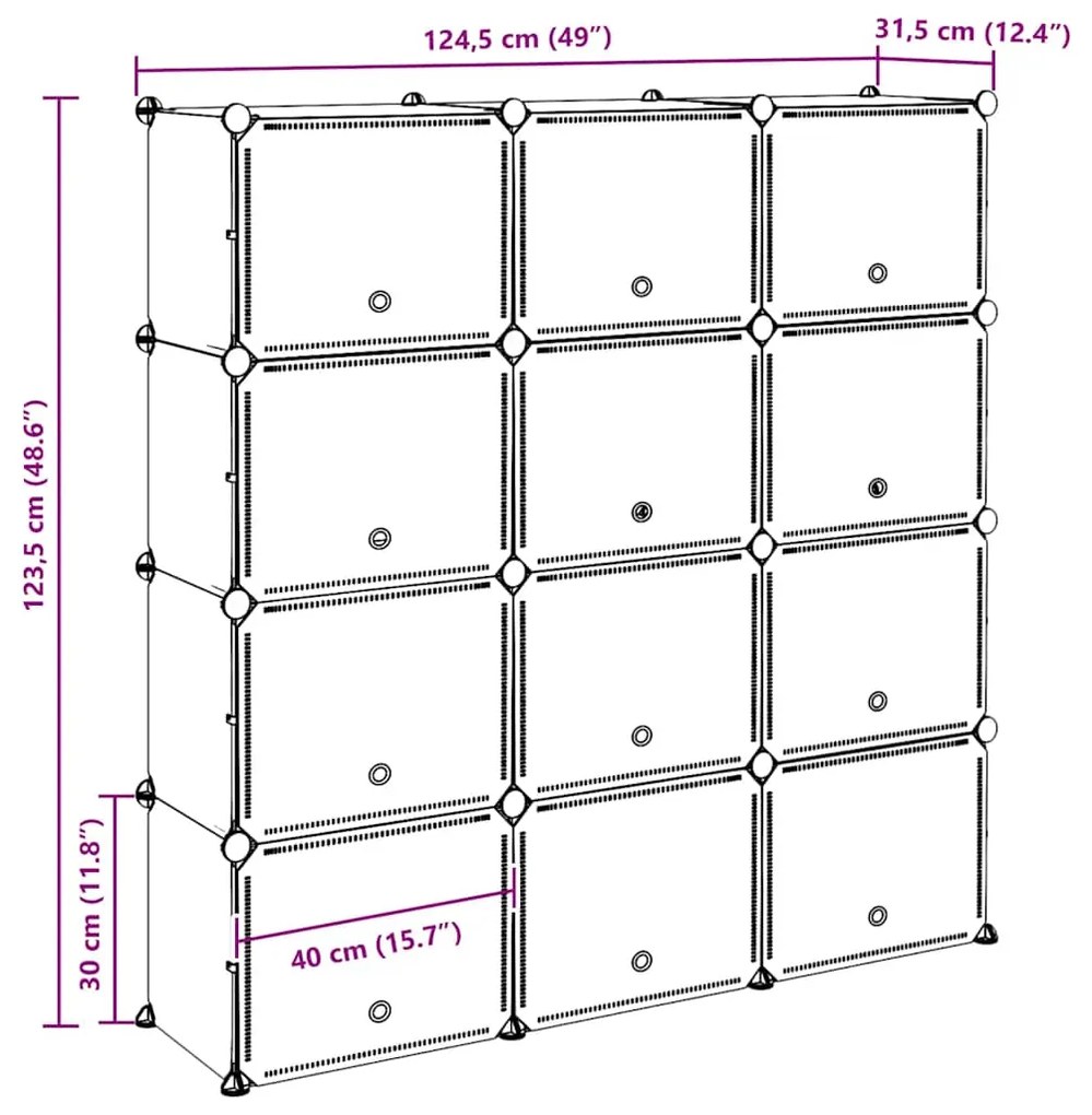 Organizador de arrumação com 12 cubos e portas PP preto