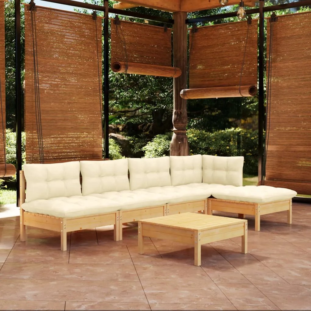 vidaXL 6 pcs conjunto lounge jardim c/ almofadões cor creme pinho