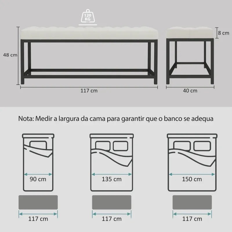Banco entrada ou ao Pés da Cama Estofado em Veludo 117x40x48 cm Design Capitonê Base de Metal Banco para Quarto Entrada Sala Creme