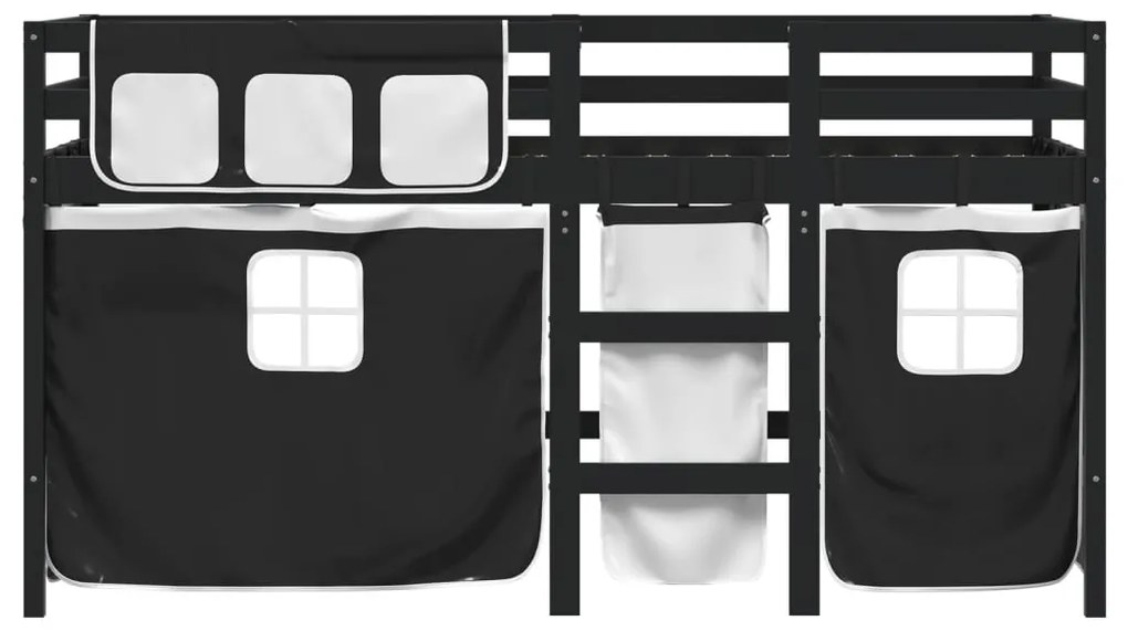 Cama alta criança c/ cortina 90x200cm pinho maciço branco/preto