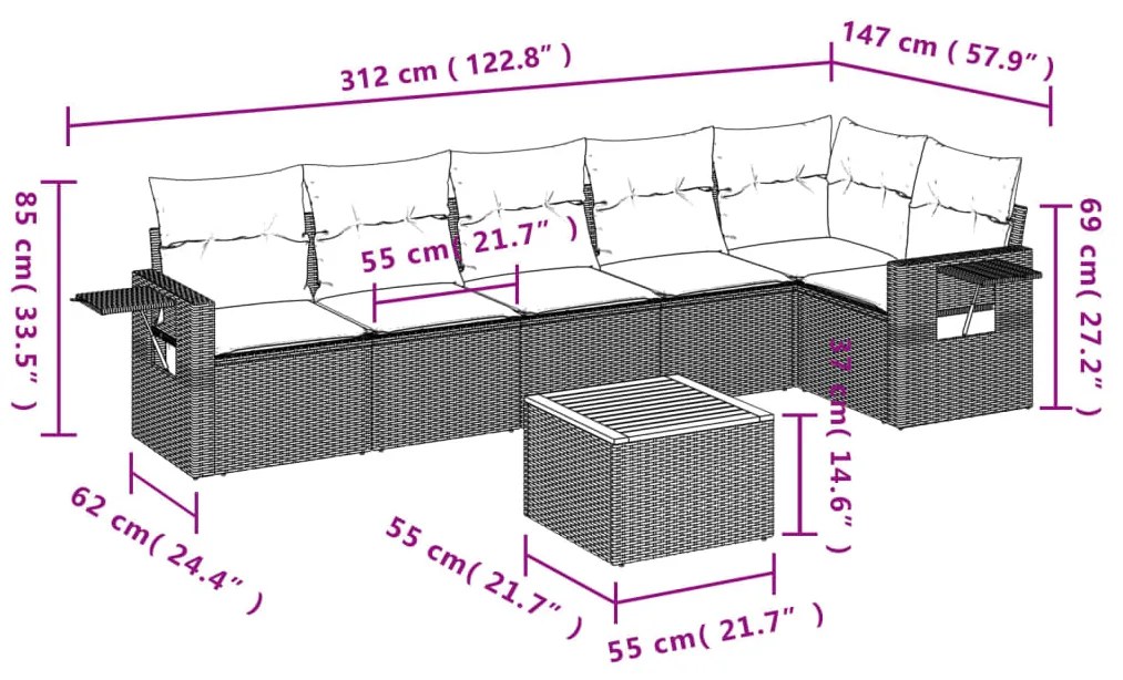 7 pcs conjunto de sofás p/ jardim c/ almofadões vime PE preto