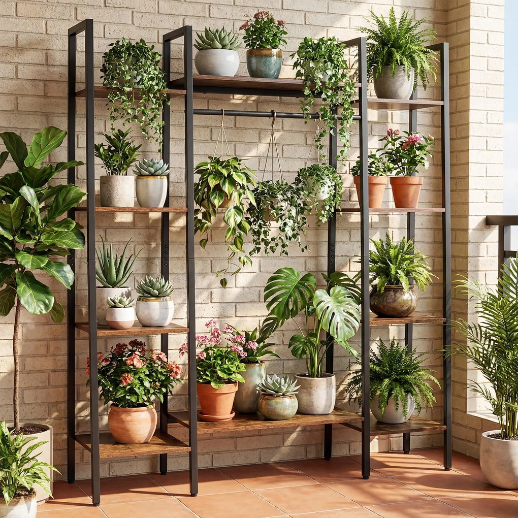 Suporte para plantas 120 x 29 x 141 cm de 10 níveis com iluminação LED ajustável, estrutura metálica, estantes e barra de arrumação para vasos, Castan