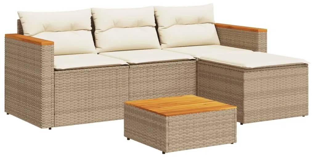 5 pcs conj. sofás p/ jardim c/ almofadões vime PE/acácia bege
