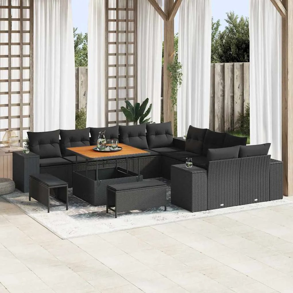 vidaXL Conjunto de Sofá de Jardim 13 Peças com Almofadas em Rattan Sintético Preto e Acácia.