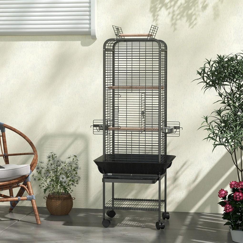 Gaiola para Pássaros com Rodas Poleiros Comedouros Prateleira e Bandeja Amovível 62,5x62,5x146 cm Cinza Escuro