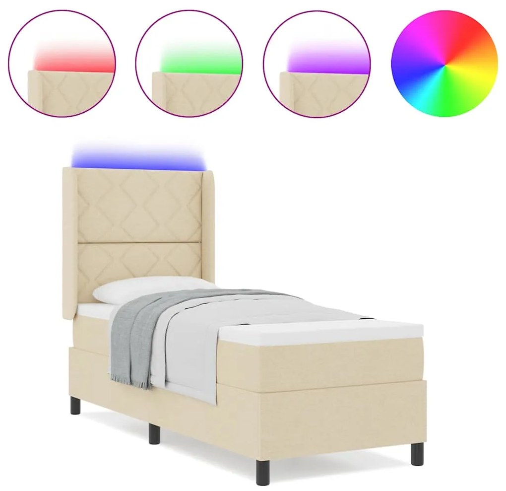 Cama Box com Colchão e LED Creme 80x200 cm com Tecido