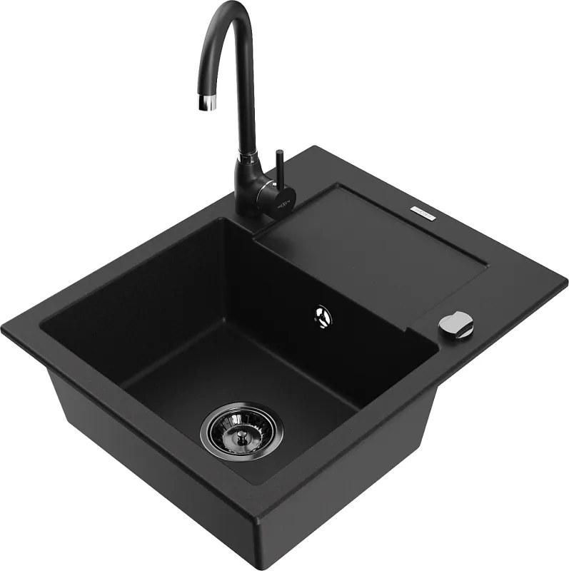 Mexen Enzo lava-louça de granito de 1 cuba com escorredor e torneira de cozinha Telma, preto - 6506-77-670200-70-B
