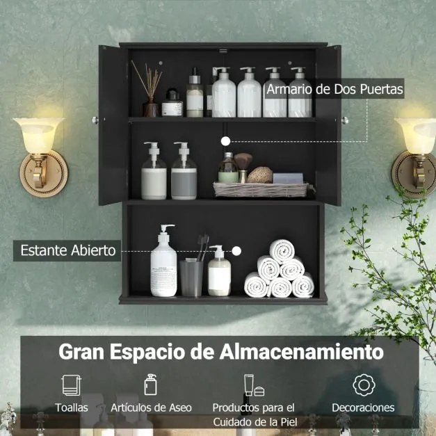 Armário de casa de banho de Parede 60 x 21 x 75 cm com 2 Portas com Prateleira Aberta e Ajustável Preto