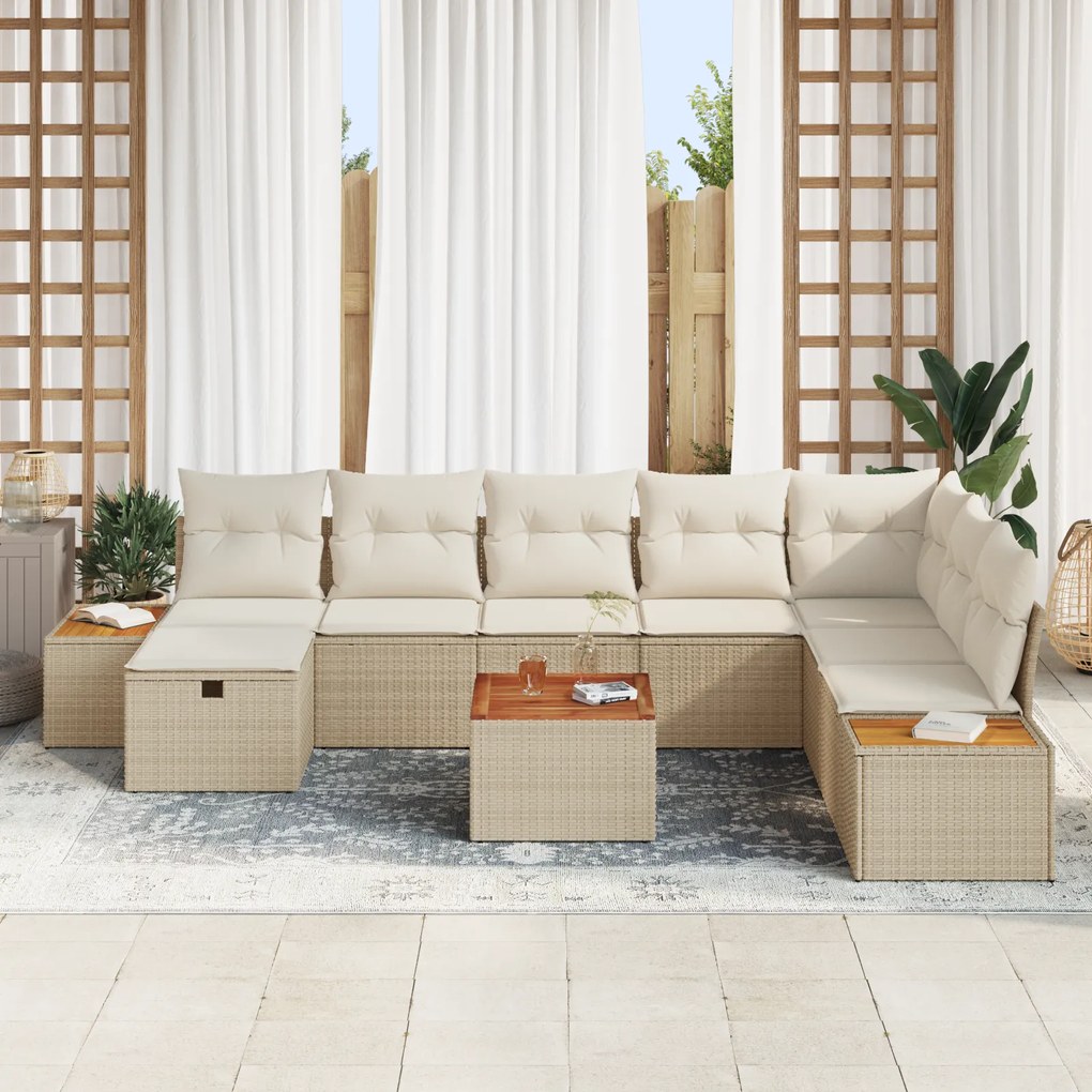 Conjunto de Sofá de Jardim vidaXL com 9 Peças e Almofadas Bege Rattan