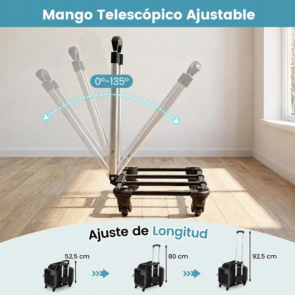 Transportadora para Animais de Estimação, 46 x 29 x 28 cm, 3 em 1 com Rodas Removíveis, Preto