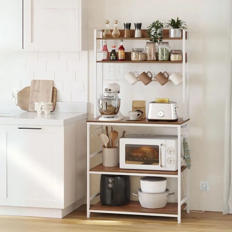 Armário de cozinha com tomadas e prateleira de grelha c40 x 80 x 170 cm cor de nogueira-branco