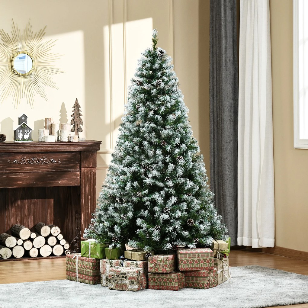 HOMCOM Árvore de Natal Artificial 180cm com 800 Ramos e 61 Pinhas Folhas de PVC com Efeito de Neve Base Dobrável e Suporte Metálico para Interiores Verde