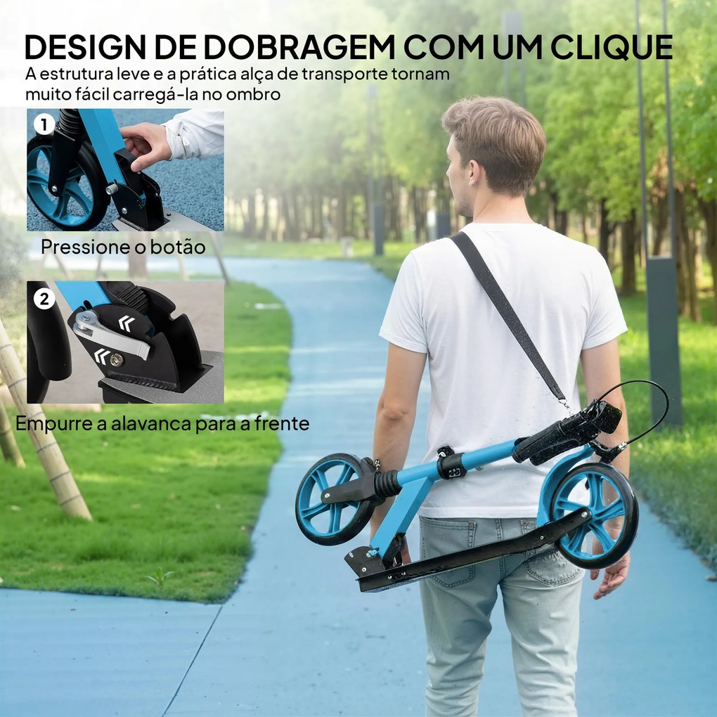 Trotinete Dobrável com Guiador Ajustável Rodas Grandes de 200 mm Amortecimento e Travão Carga Máxima de 100 kg 91,5 x 36,5 x 91-104 cm Azul