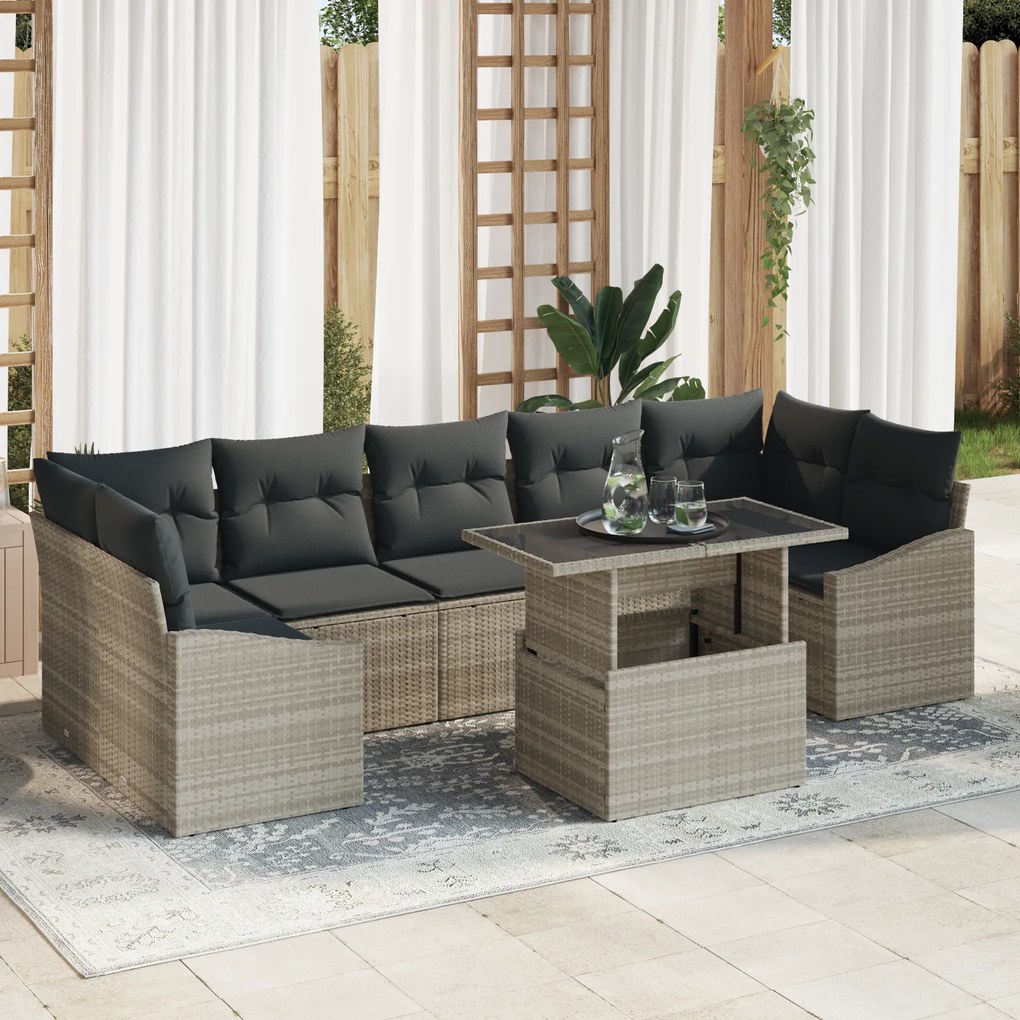 Conjunto de Sofá de Jardim com 8 Peças e Almofadas Cinza Claro em Ratt