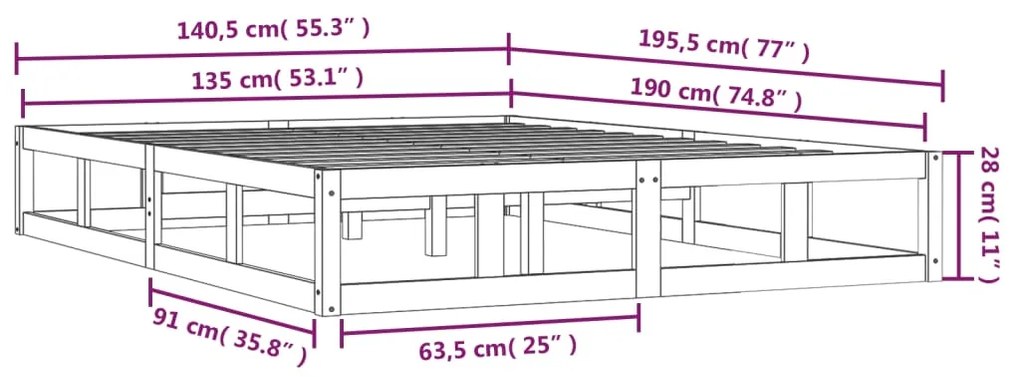 Estrutura de cama casal 135x190 cm 4FT6 madeira maciça cinzento