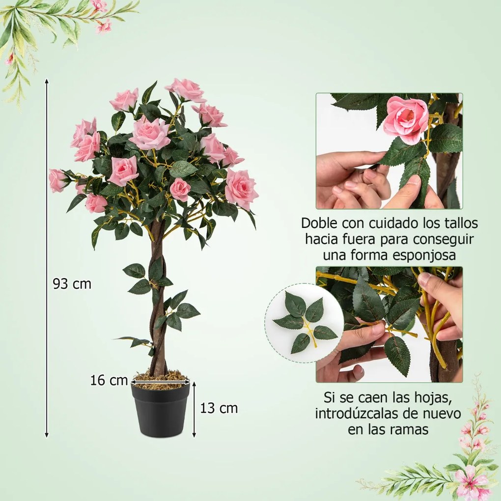 Árvore de flor artificial de 93 cm, planta floral falsa com rosas, tronco de madeira, interior e exterior, escritório e decoração de entrada, rosa